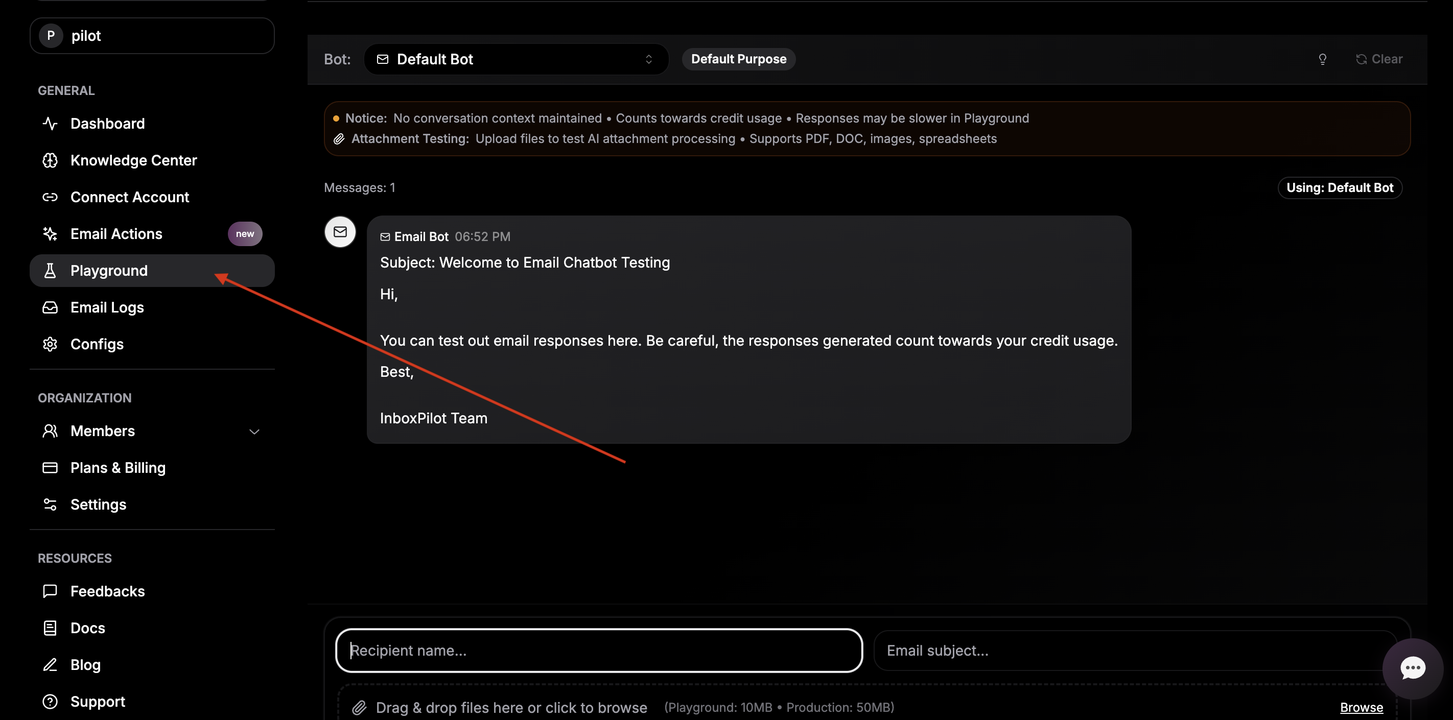 InboxPilot Playground view for testing responses