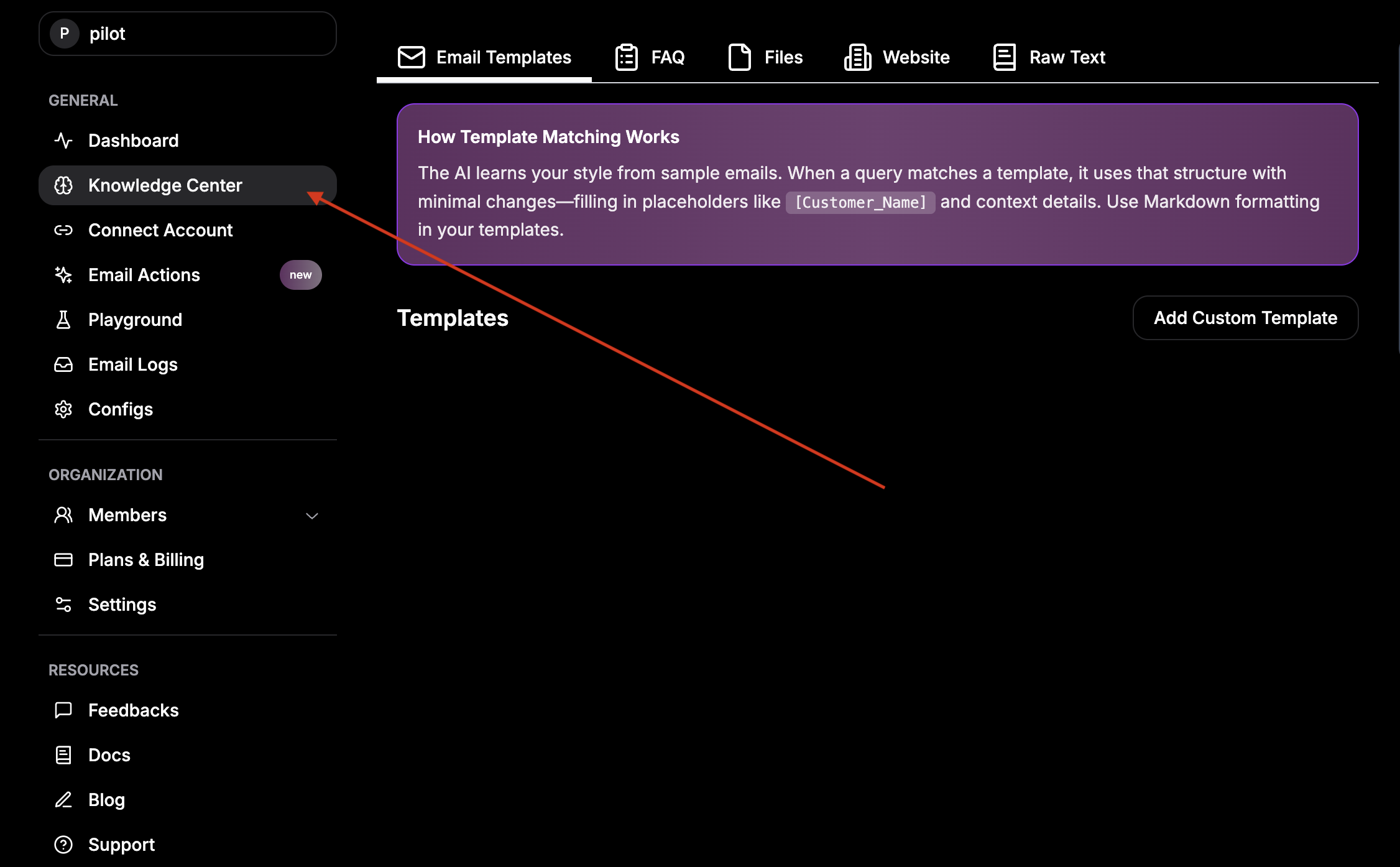 Knowledge Center with Upload Your Data highlighted