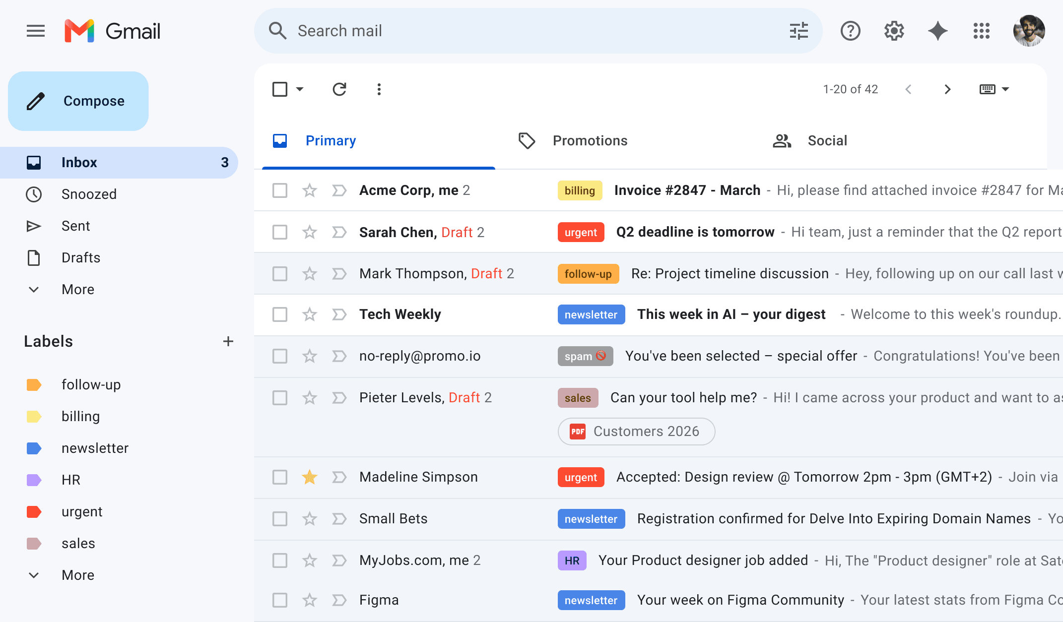 InboxPilot inbox: AI-labeled emails in a Gmail-style workspace